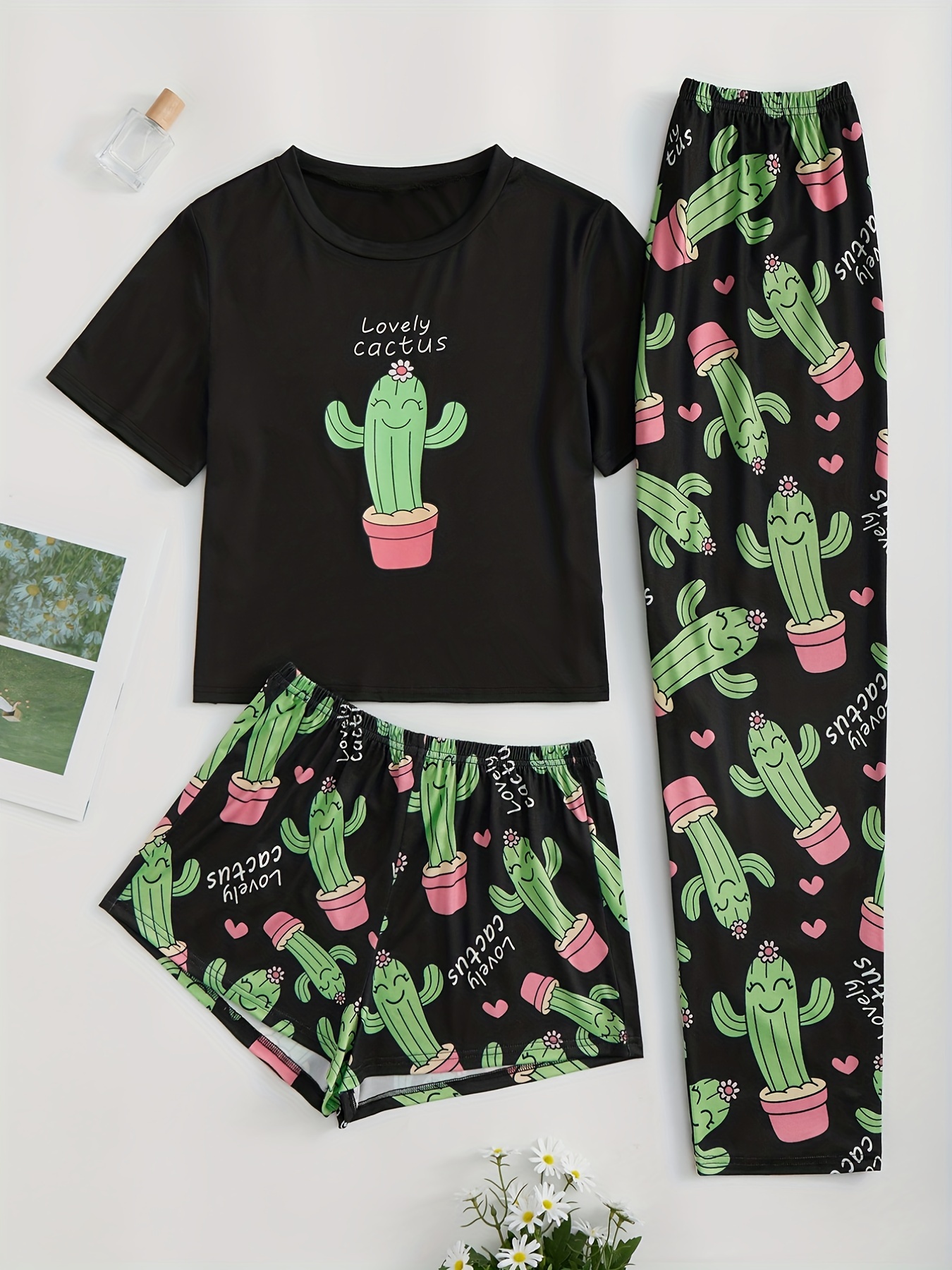 Cactus Print Pajama Set Short Sleeve T-shirt & Shorts