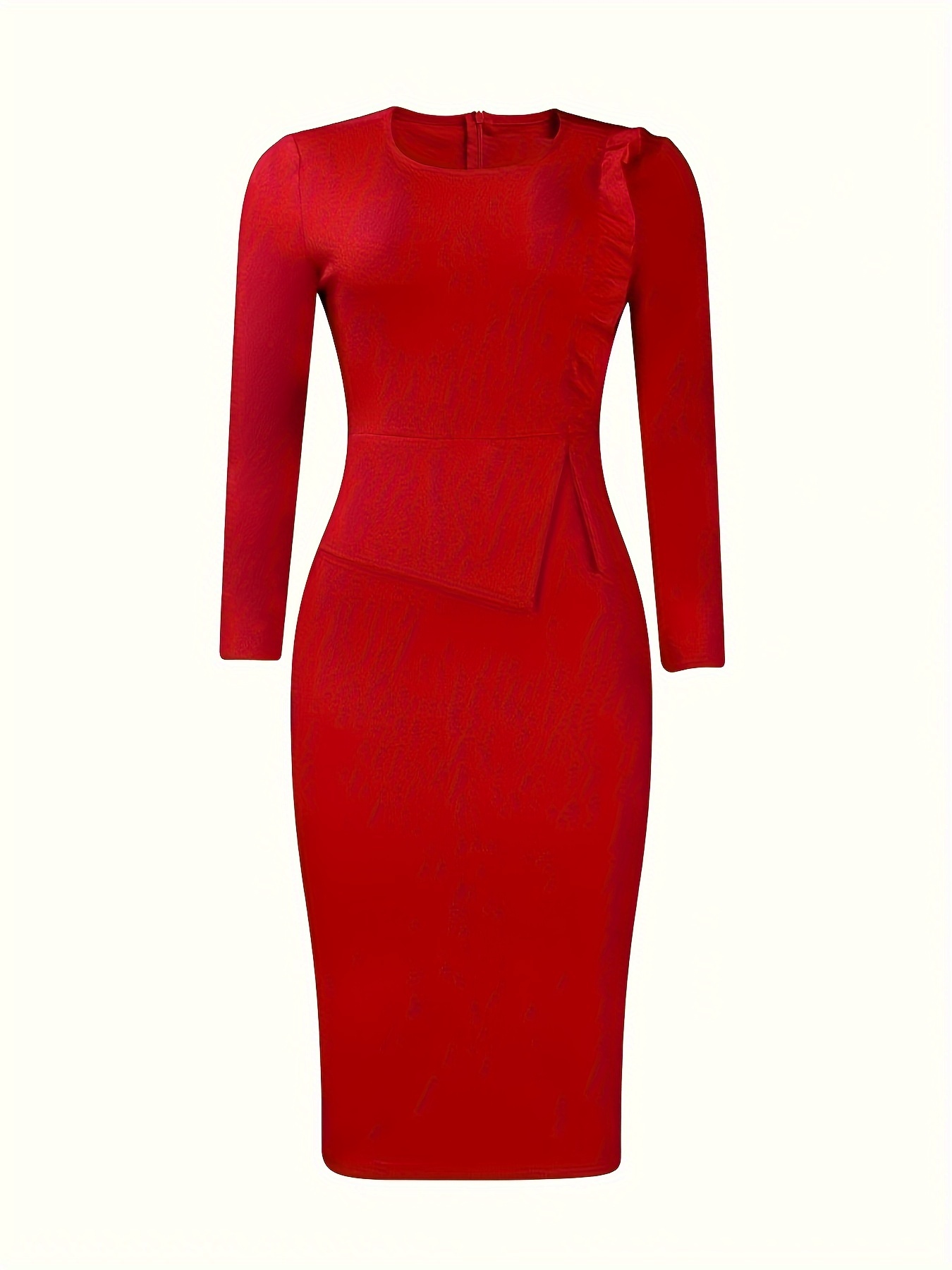 Beautiful Long Sleeve Layered Peplum Midi Dress - Red