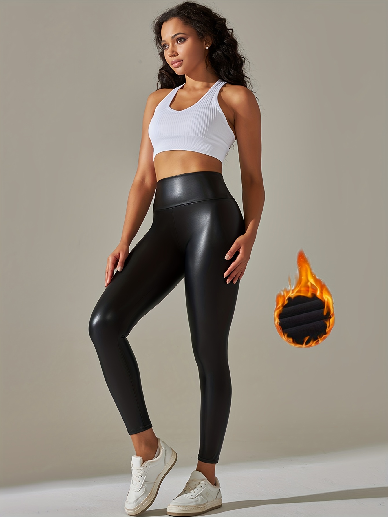 Faux Leather Thin Fleece Liner Sports Leggings, Sexy Yoga High Waist Tight  Pants, Women's Activewear