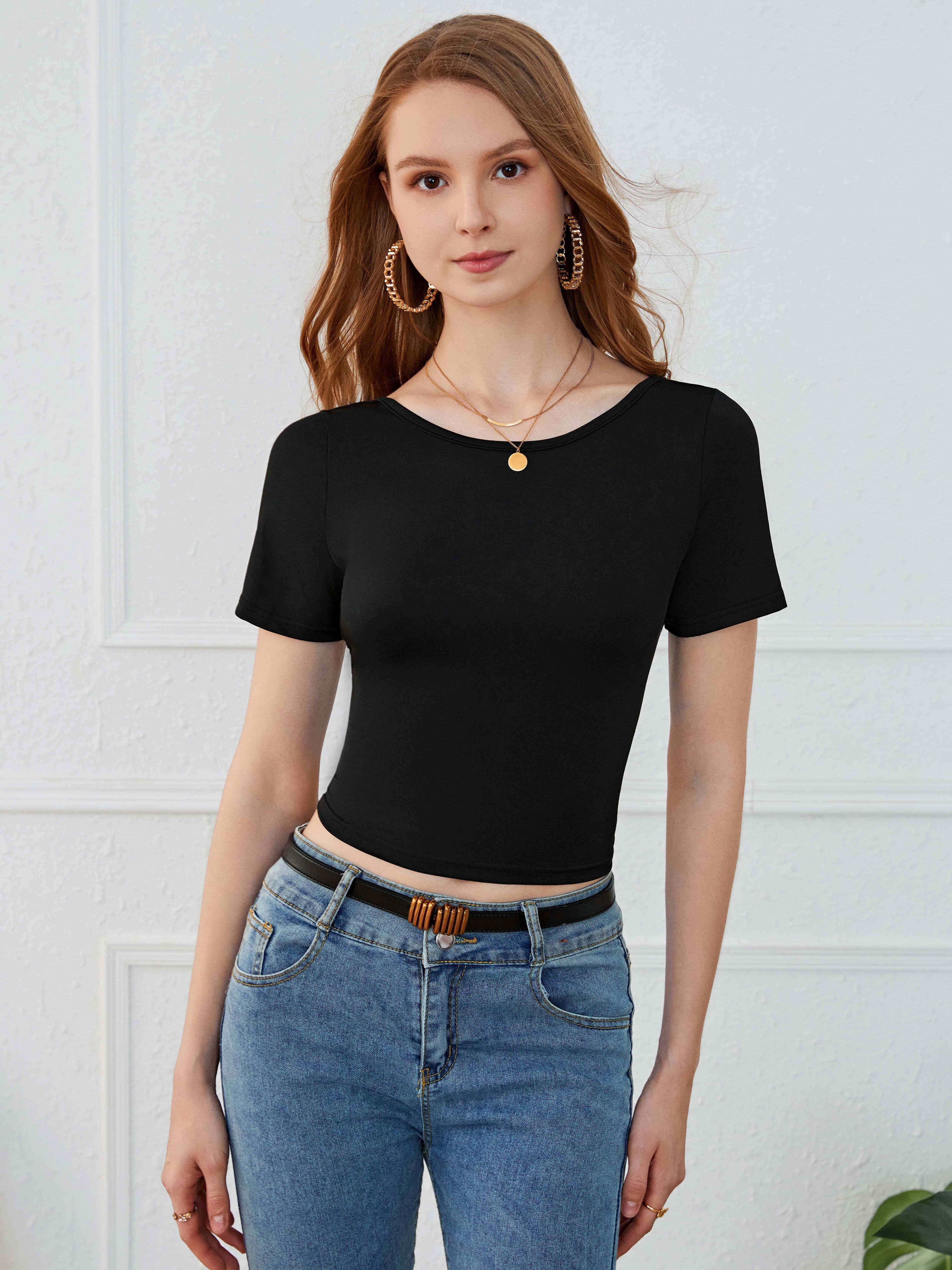 Womens Short Sleeve Tight Crop Top Solid Color Slim Fit Tee Shirt Basic  Crew Neck Cropped Skinny Tops Streetwear (Coffee, S) at  Women's  Clothing store