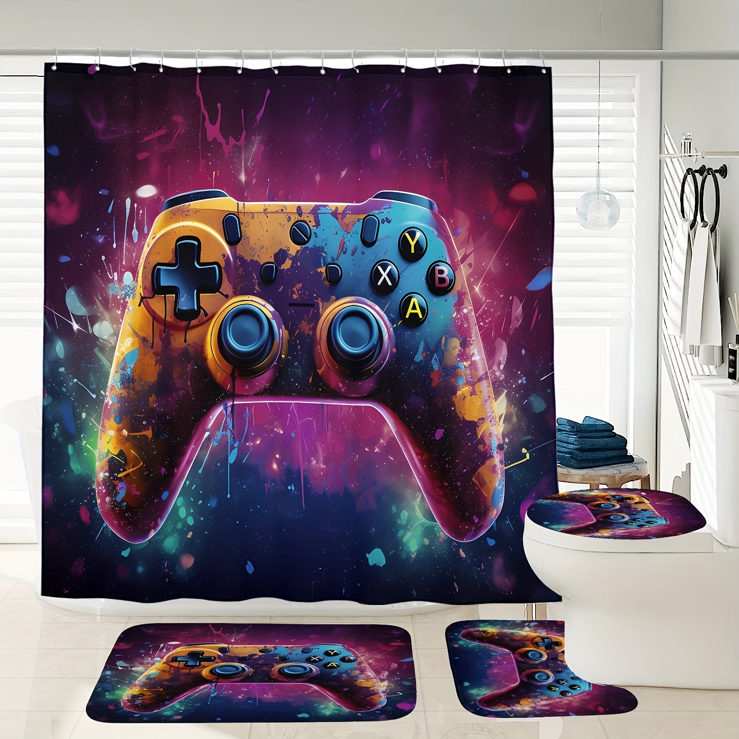 Cartoon Game Controller Pattern Bathroom Sets Rugs Shower Curtain,  Waterproof Shower Curtain With 12 Hooks, Non-slip Bathroom Rug, Toilet  U-shape Mat, Toilet Lid Cover Pad, Bathroom Decor - Temu