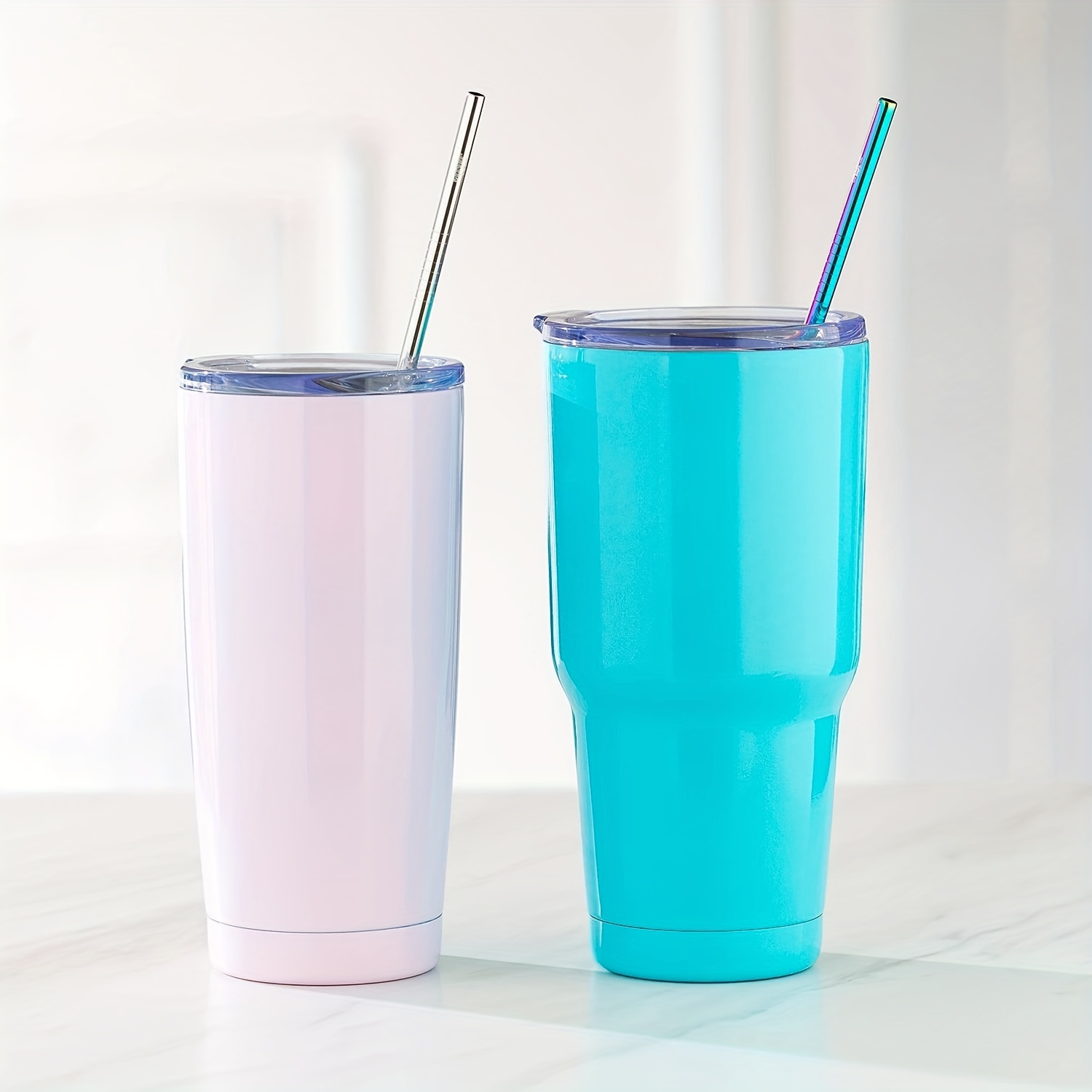 13 Inch Long Flexible Reusable Straws with Blue Straw Caps - Set of 10 -  Free Shipping