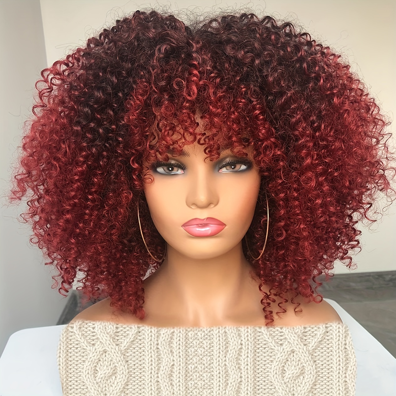 14 pouces Bouclé Perruques Pour Femme Rouge Coiffure Afro Bombe Perruque  Bouclée Avec Franges Synthétique Fibre Sans Colle Long Crépue Bouclée  Cheveux, Mode en ligne