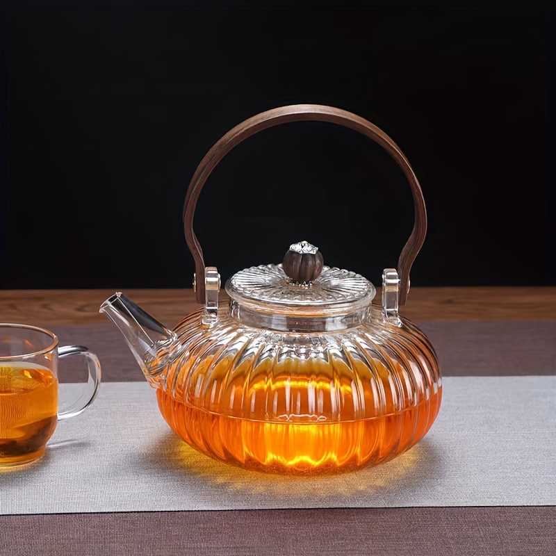 Heat Resistant Glass Teapot with Infuser Lid and Wood Handle