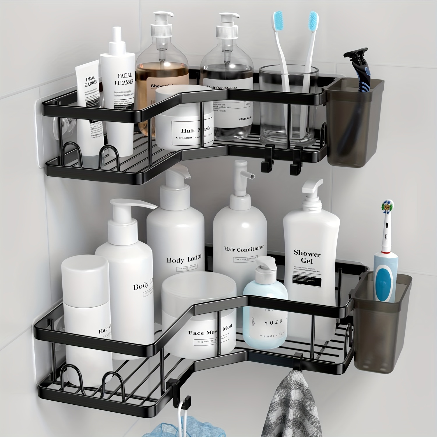 Shower Supplies Storage Rack With Hooks Self adhesive Black - Temu