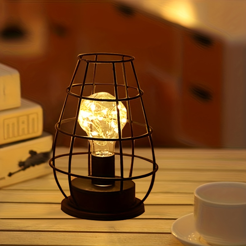 Lámpara de mesa con jaula de metal con pilas, lámpara de batería