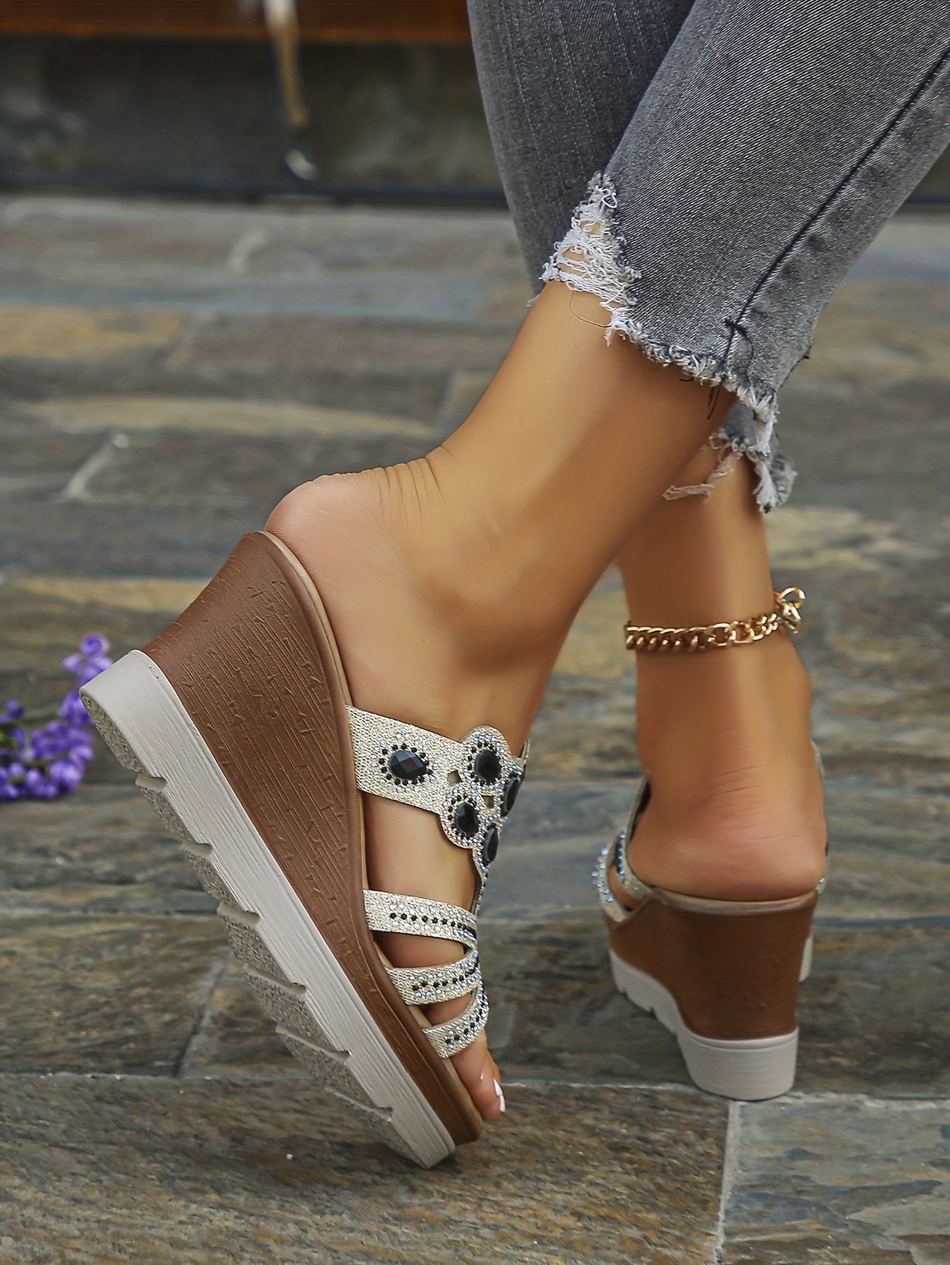 womens rhinestone decor wedge sandals casual cutout design platform sandals comfortable summer shoes details 6