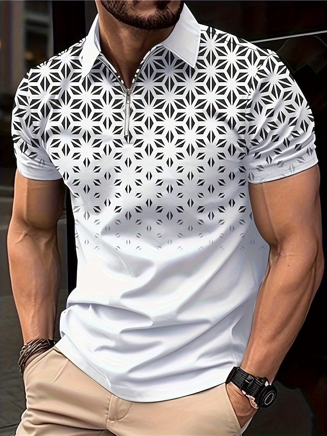 geometry pattern mens casual comfy custom fit zip short sleeve shirt mens golf shirt tennis shirt mens clothing mix black and white 0