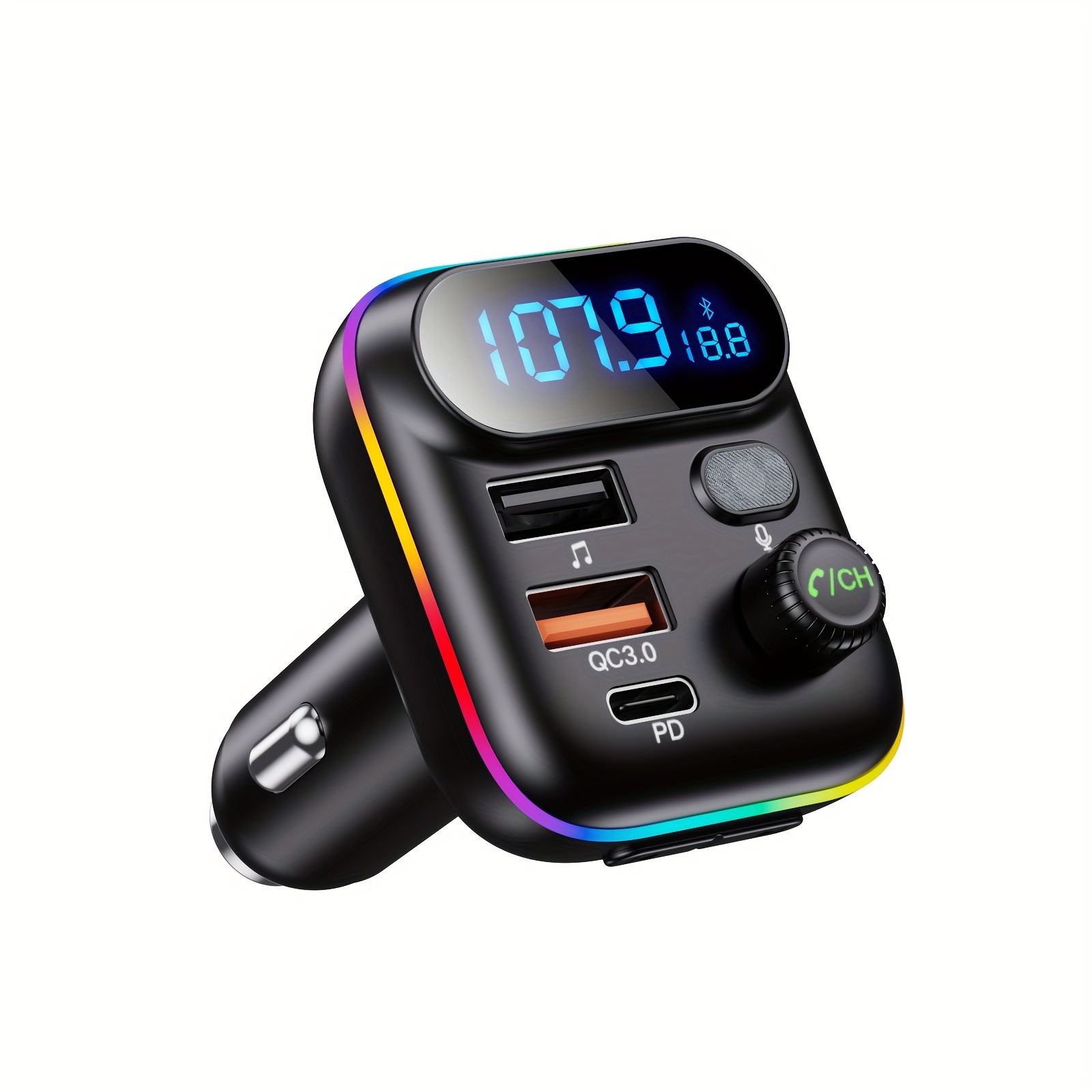 FM Transmitter Car, [Upgraded] ORIA Bluetooth Wireless Radio Adapter with  Siri Google Assistant, QC3.0 Charging, 7 RGB Colors Lights, MP3 Player Car