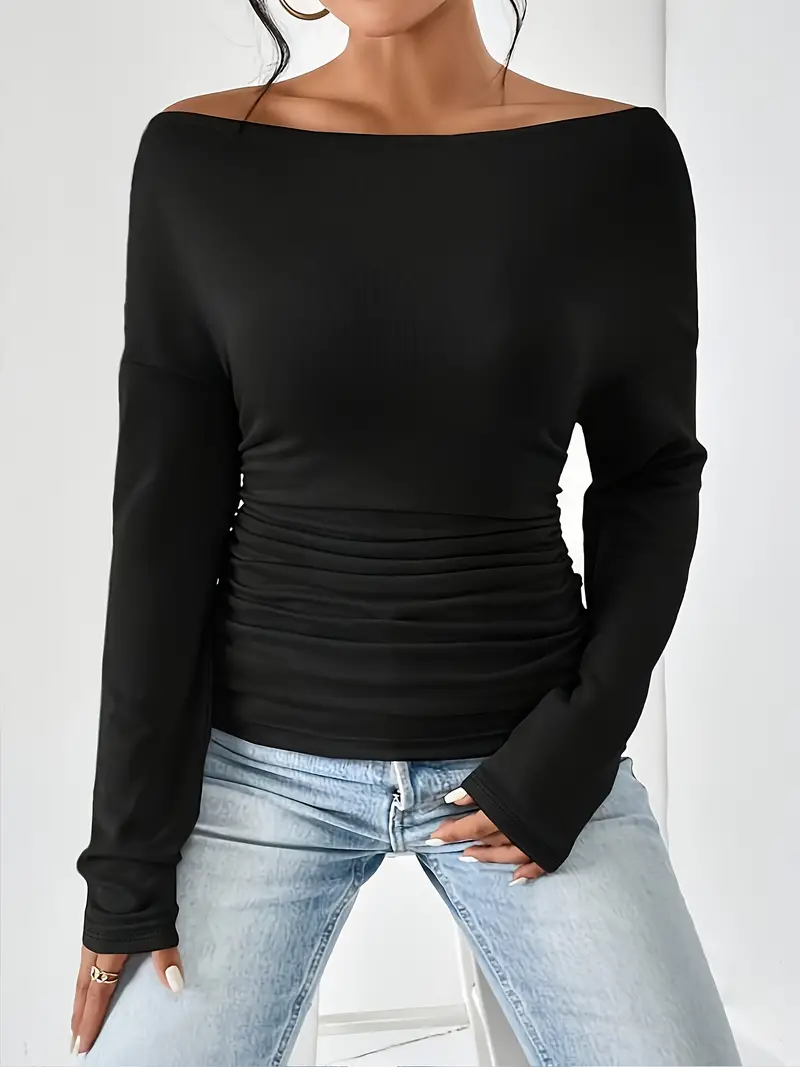 Solid Asymmetrical Neck Ruched T-shirt, Casual Long Sleeve Top For ...