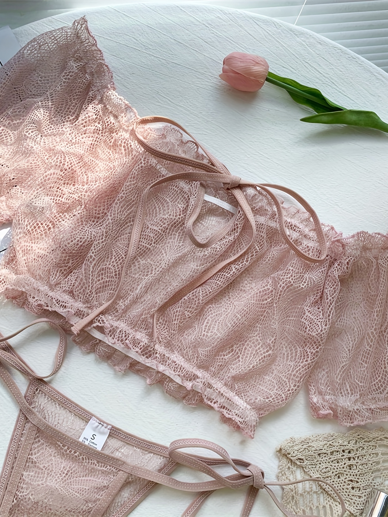 Pinky Lace Up Frilly Knickers and Bra Set