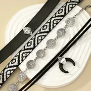 retro western style boho horn pendant flower cloth pu coin velvet cloth short necklace 4pcs set details 4