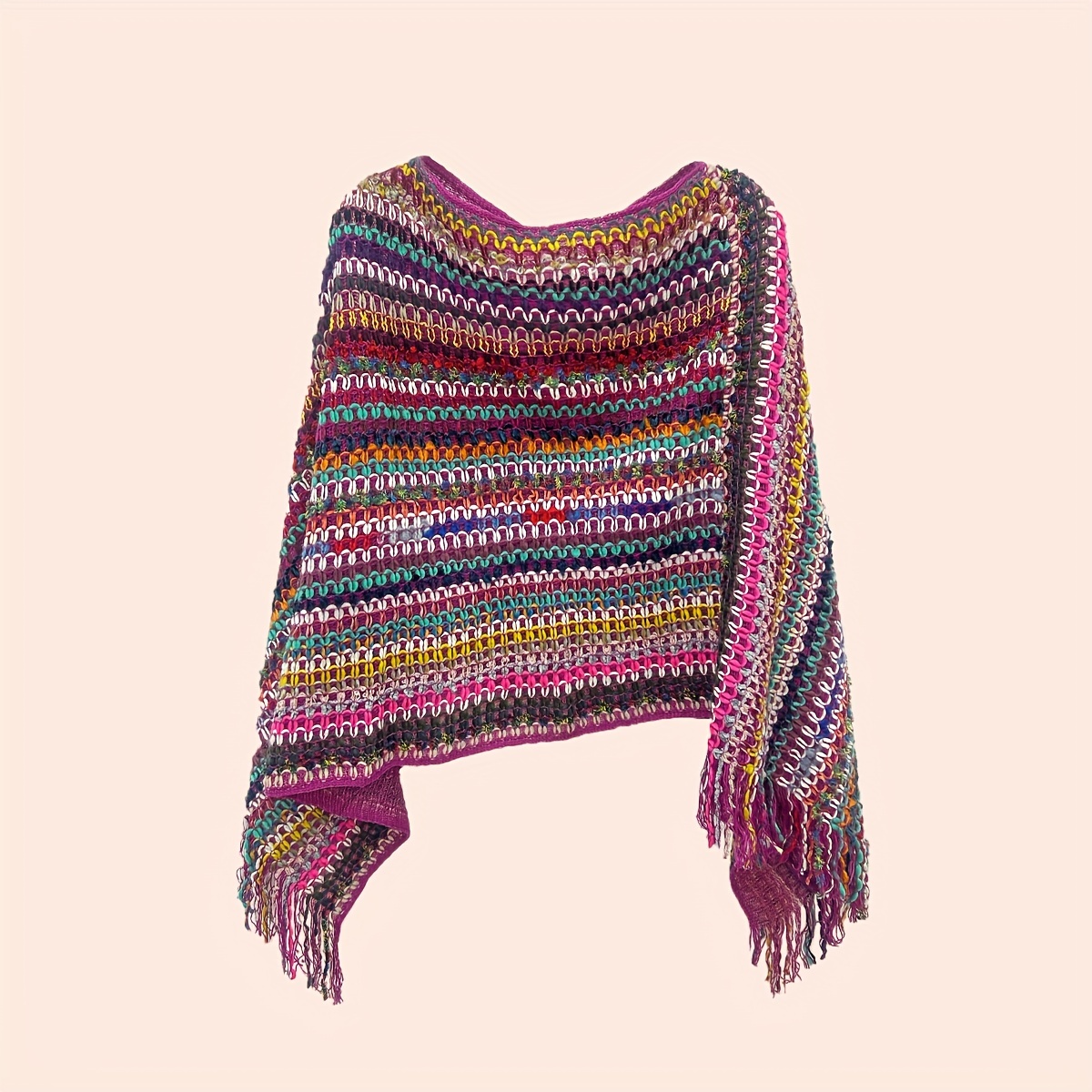 Poncho Tipo Jersey Estilo Mujer Capa Borlas Rayas Coloridas - Temu Chile