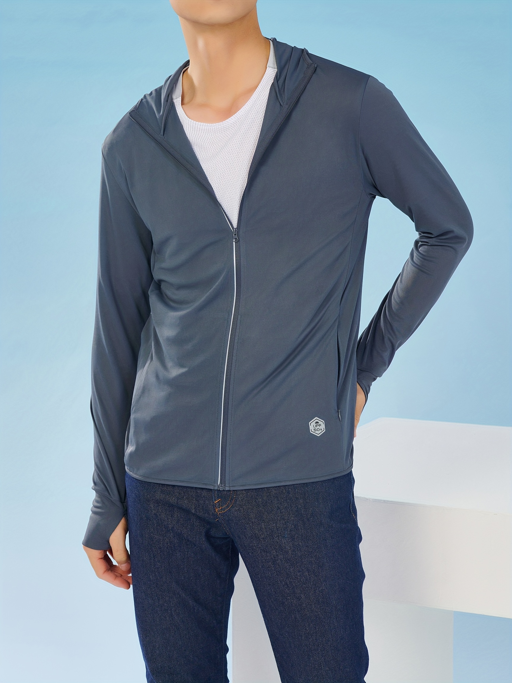 Solid Zip Up Hooded Windbreaker, Men's UV Protection Light Sunscreen Outdoor Sports Jacket Windbreaker,Windproof,Temu