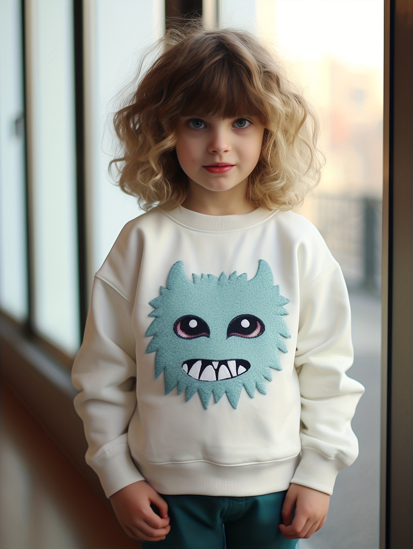 Pull Beige Pour Enfants Impression De Motifs De Monstre Bleu