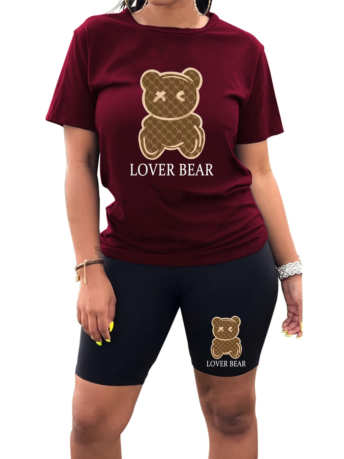 Teddy Bear Print Two Piece Set Short Sleeve T Shirt Pants Womens