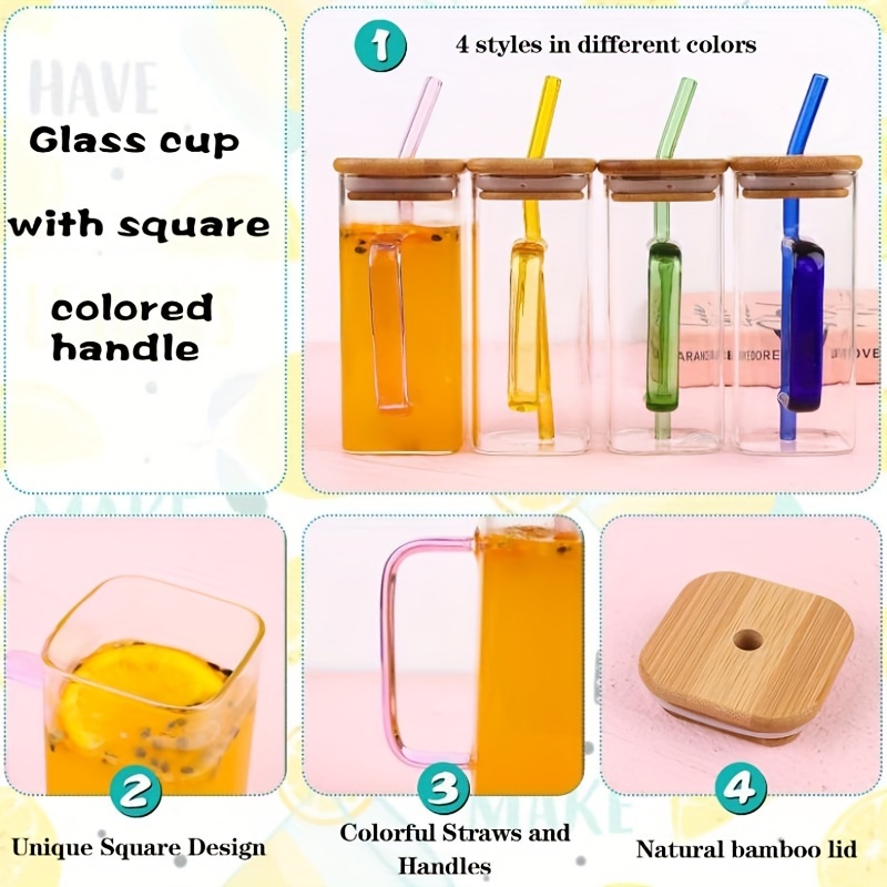 Square Cute Glass Cup With Bamboo Lid And Straw, Drinking Glasses, Juice  Water Bottles, Glass Mug With Colored Handle For Soda, Iced Coffee, Milk,  Bubble Tea, Water - Temu