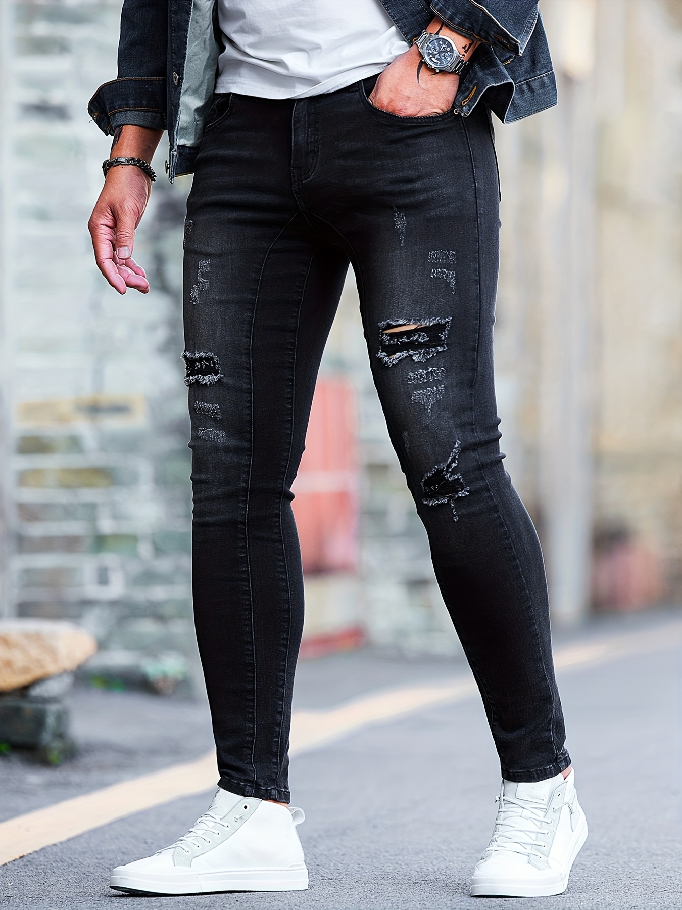 Slim Fit Ripped Jeans, Men's Casual Street Style Distressed Stretch Denim  Pants