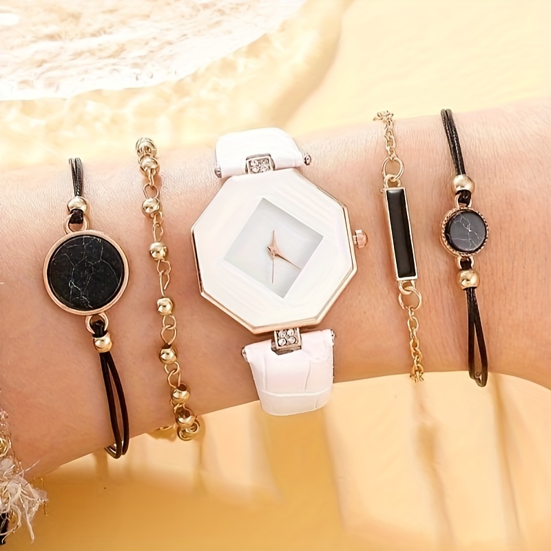 Students Trendy Round Quartz Watch And Black Marble Bracelet - Temu