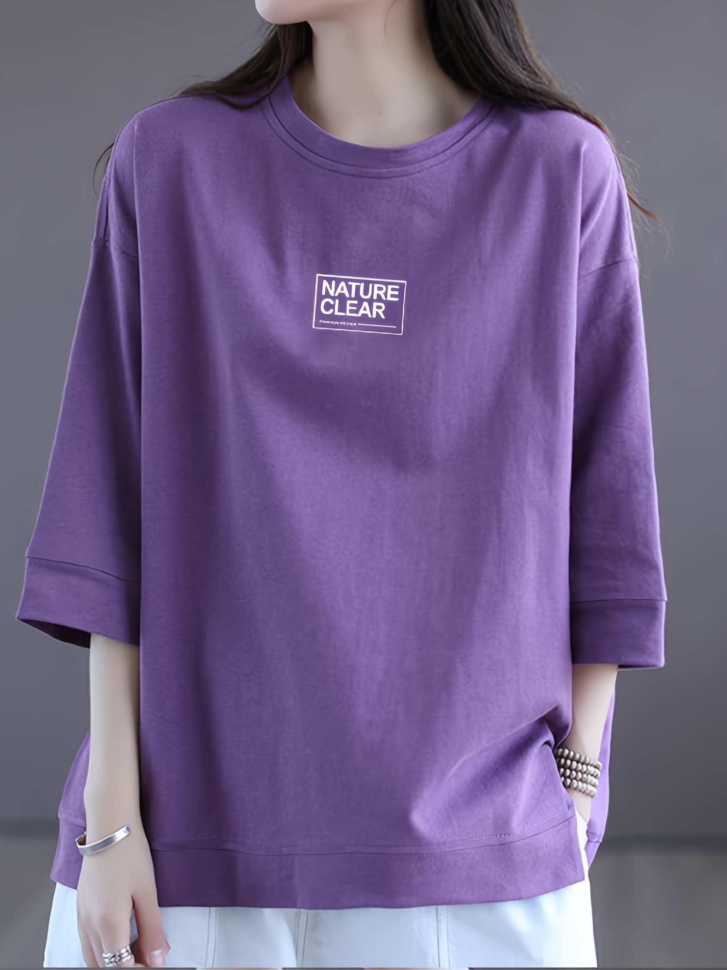 Camiseta larga con estampado de letra de hombros caídos, Moda de Mujer