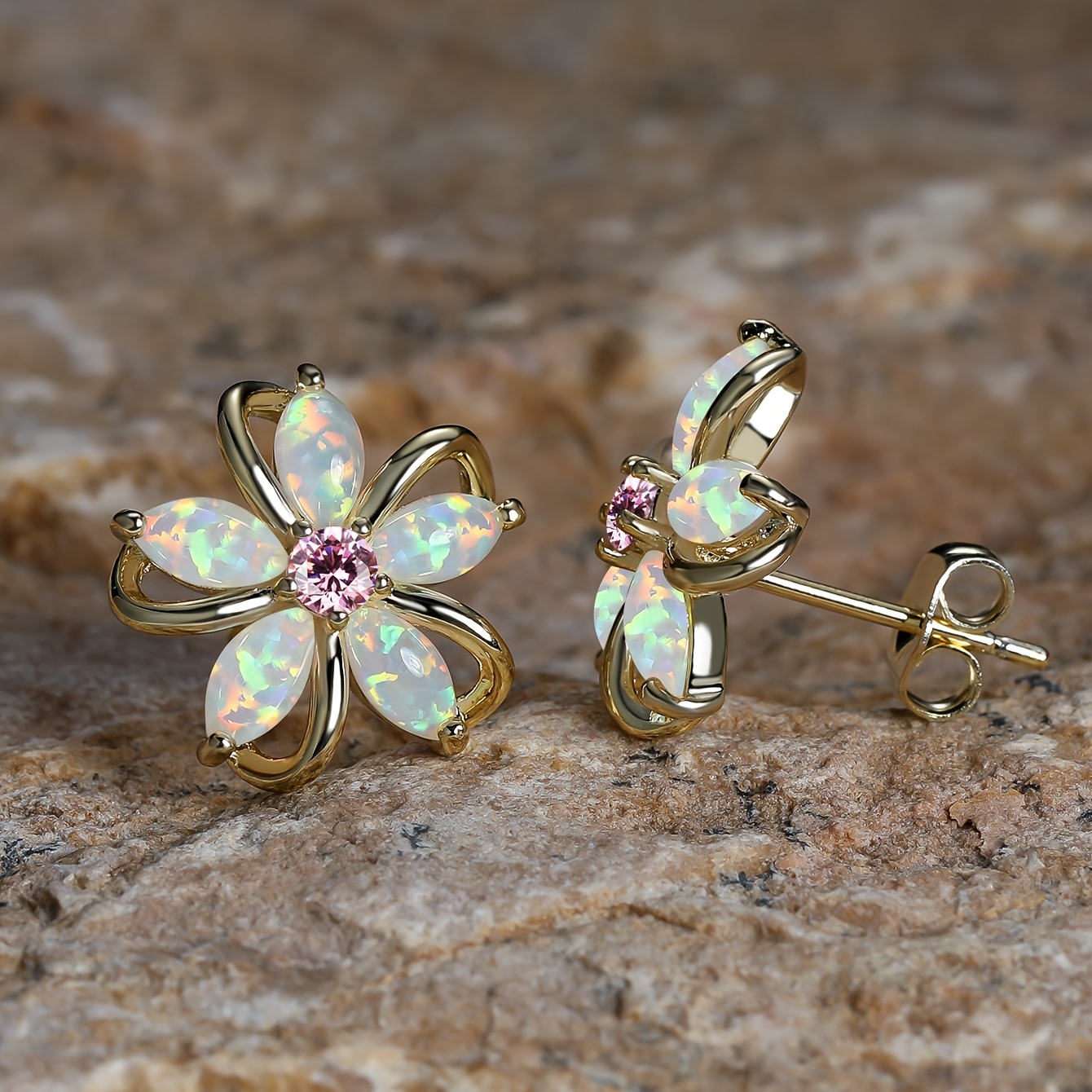 Opulent Flower Stud Earrings with Synthetic Opal Inlay, Plated