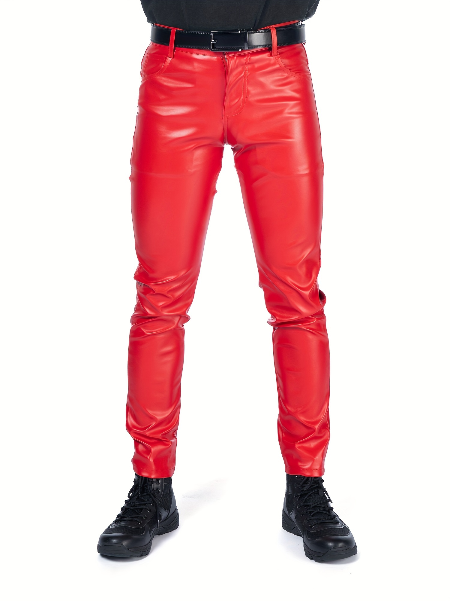 Faleave Men's Faux Leather Pants Skinny Stretch Black Red Slim Fit Suit  Pants(Red-30) at  Men's Clothing store