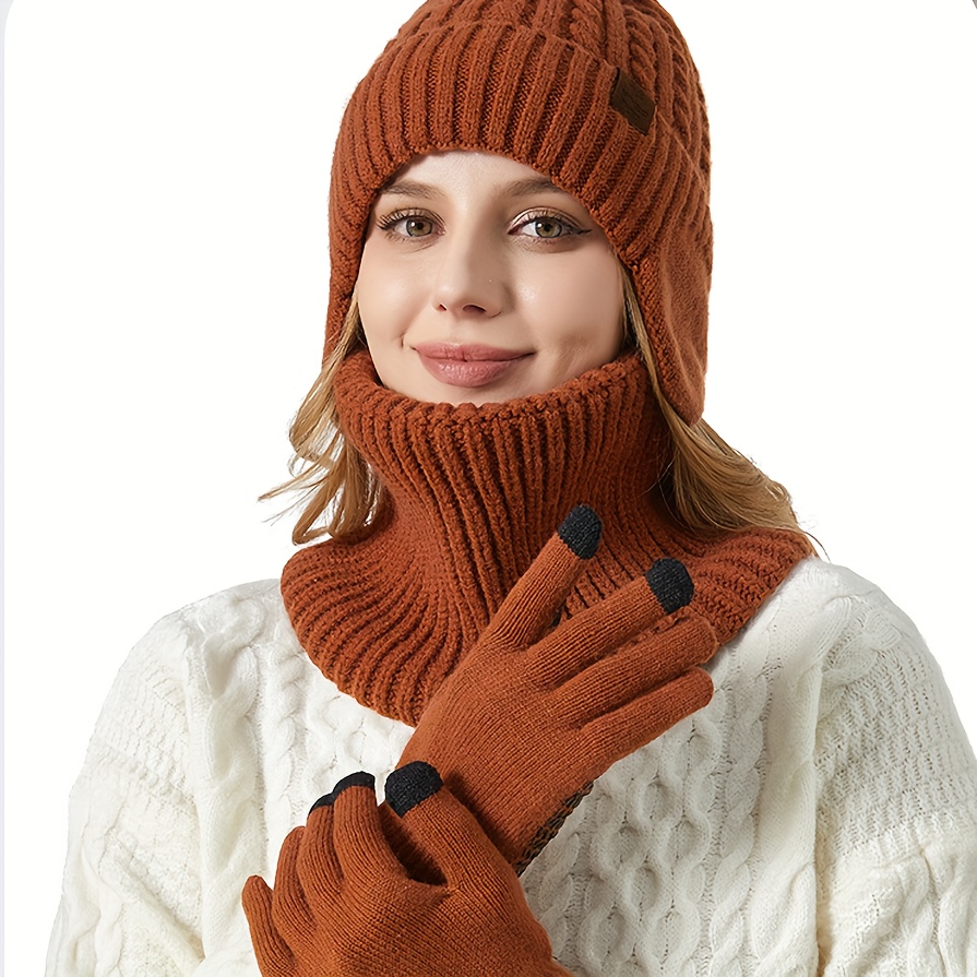 Ensemble 3 pièces bonnet, guêtre et gants en tricot pour femme