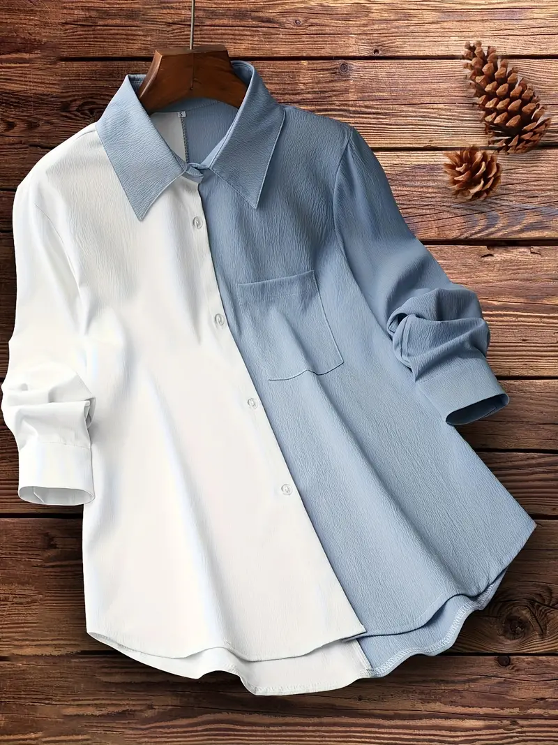 colorblock polo collar button shirt casual long sleeve shirt for spring fall womens clothing details 0