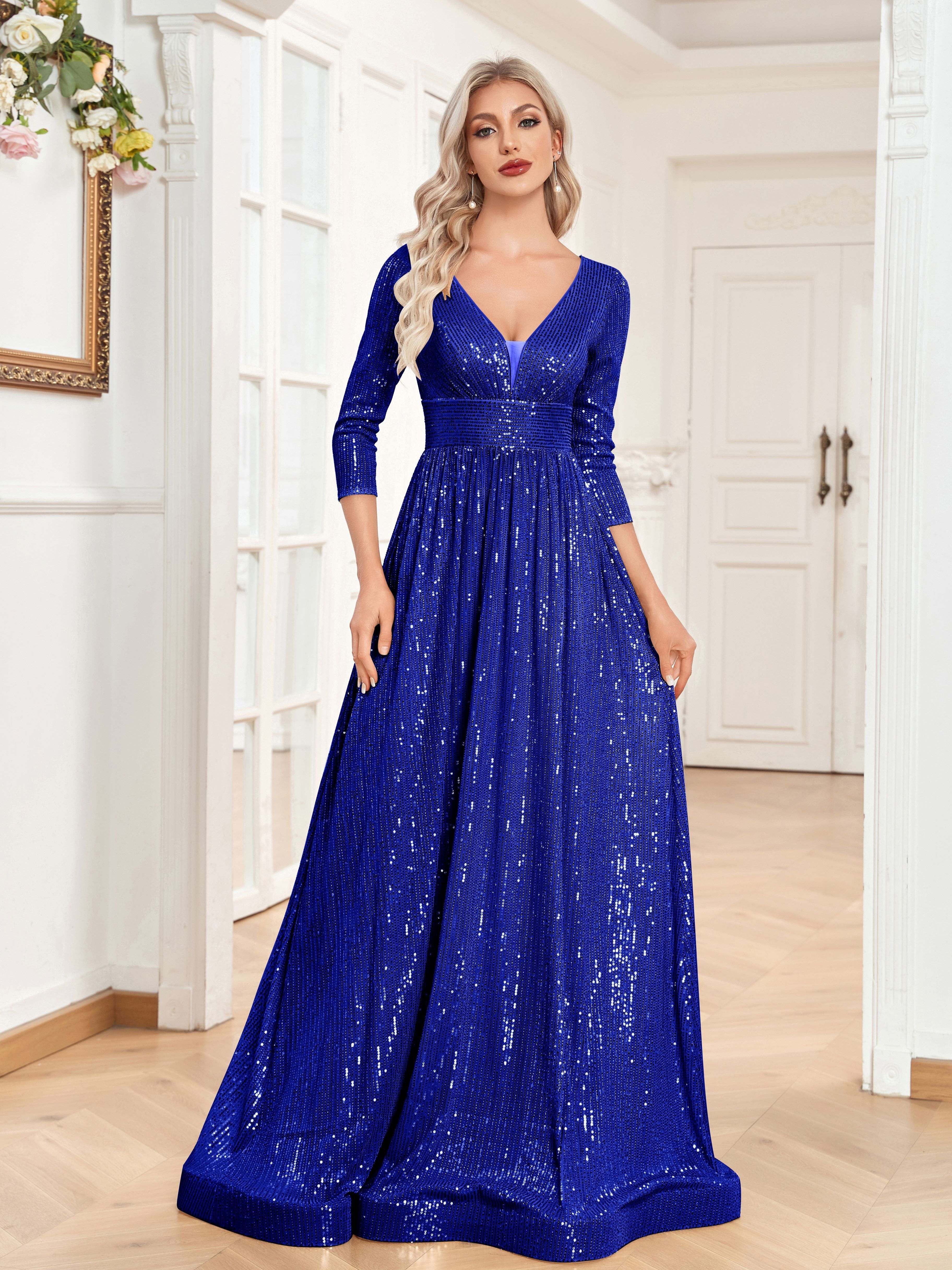 Royal blue sequin cheap v neck maxi dress