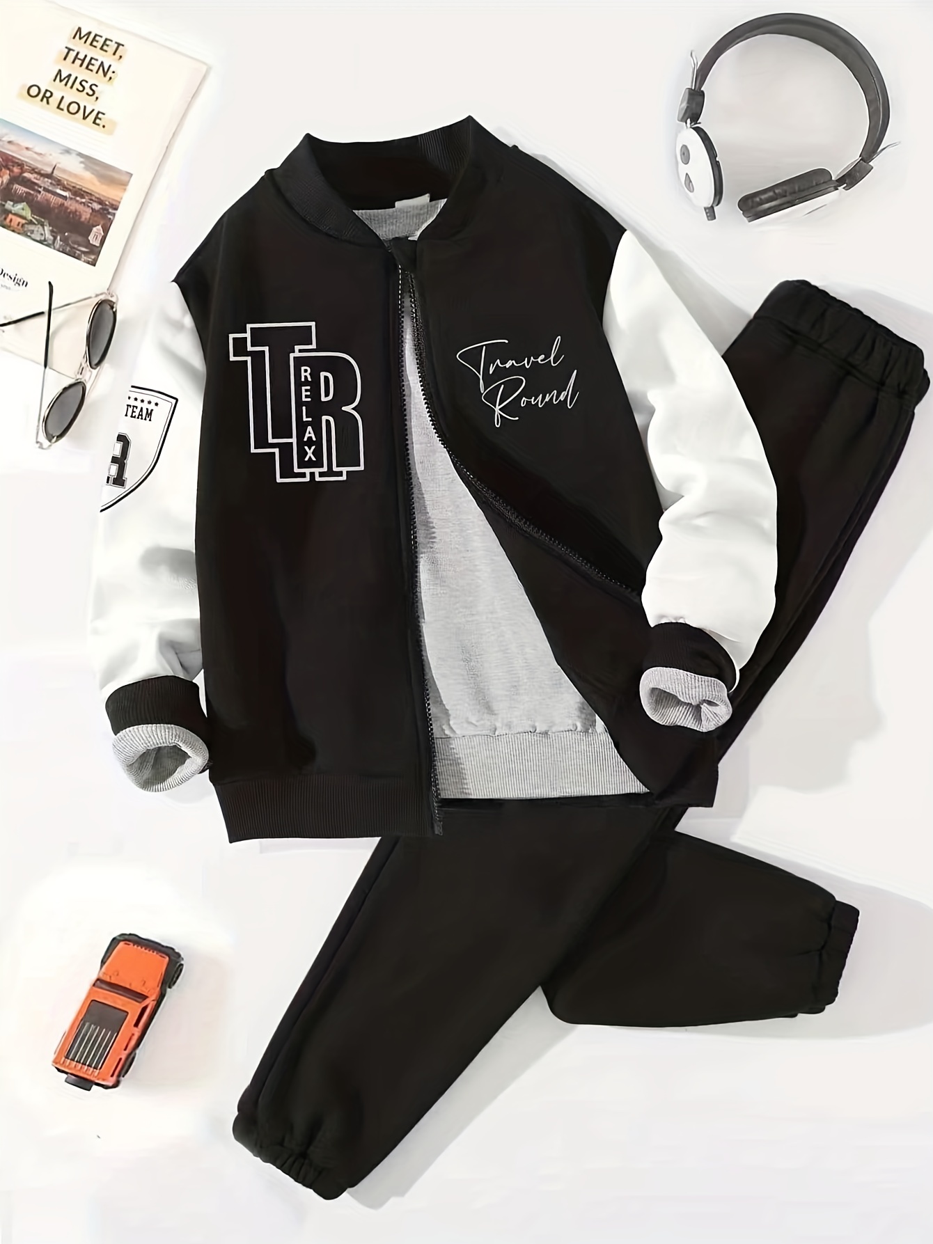 Temu 2pcs Boy's Varsity Jacket Outfit, Zipper Bomber Jacket & Sweatpants Set, Letter Patched Long Sleeve Coat, Kid's Clothes for Spring Fall, Christmas