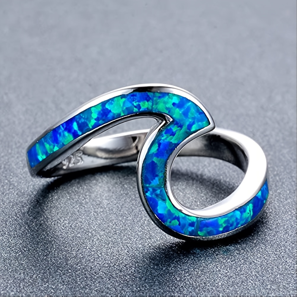 Women's Unique 925 Sterling Silver Opal Wave Ring