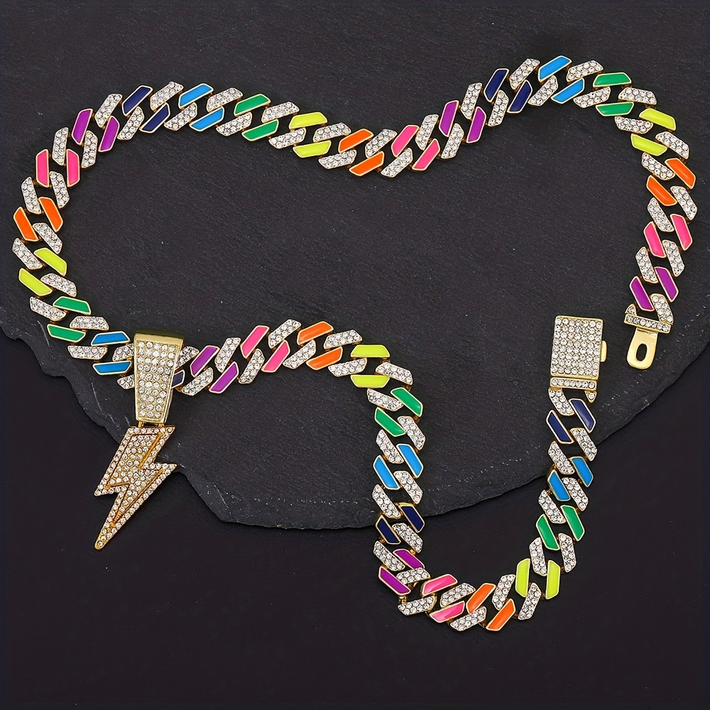 Iced Out Lightning Pendant Necklace With Colorful Cuban Link Chain