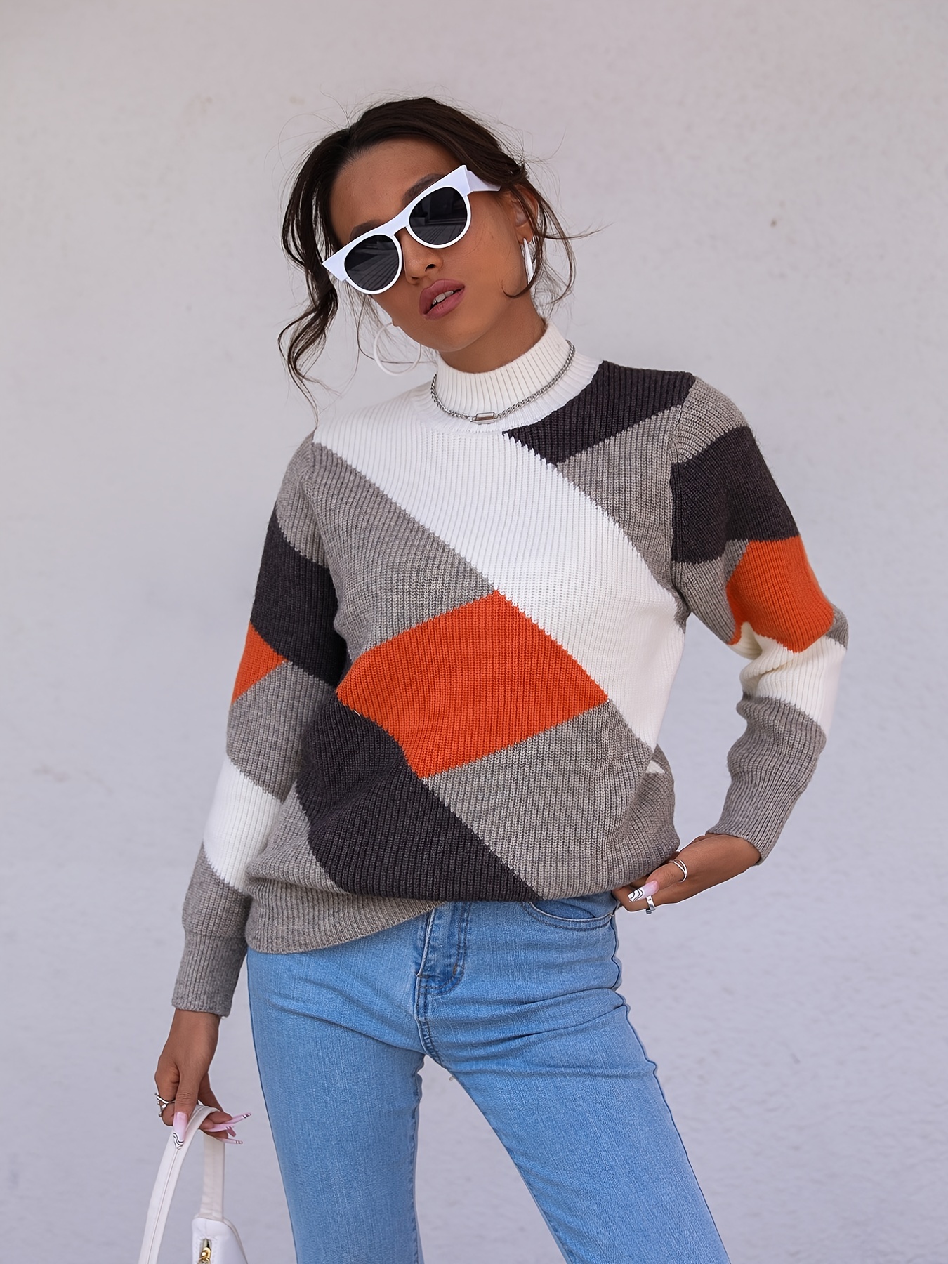 Womens Casual Color Block Long Sleeve Knitted Tops - Temu