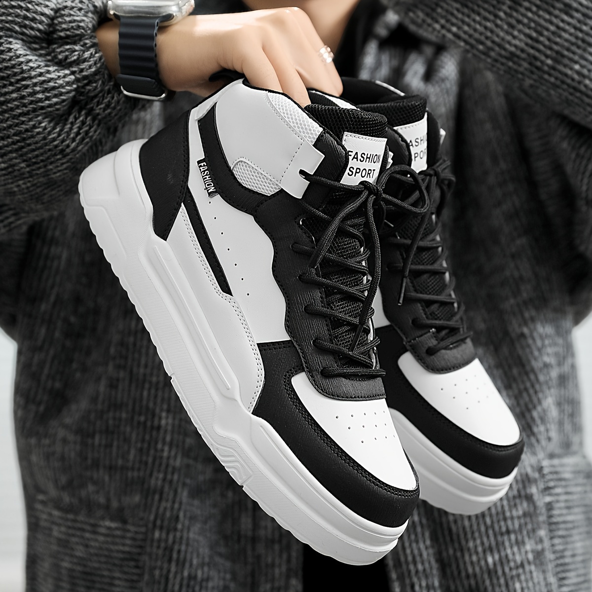 Men's Solid High Top Skate Shoes, Comfy Non Slip Lace Up Sneakers For Men's Outdoor Activities