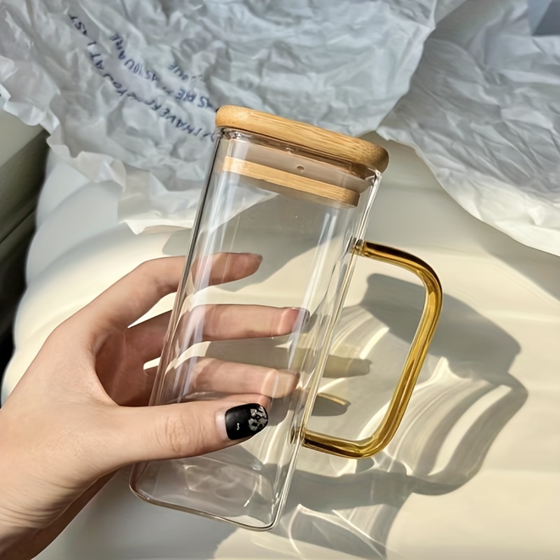 400ml Square Glass Cup With Bamboo Lid and Straw High Temperature  Transparent Coffee Cold Wine Cola Juice Water Glass Household