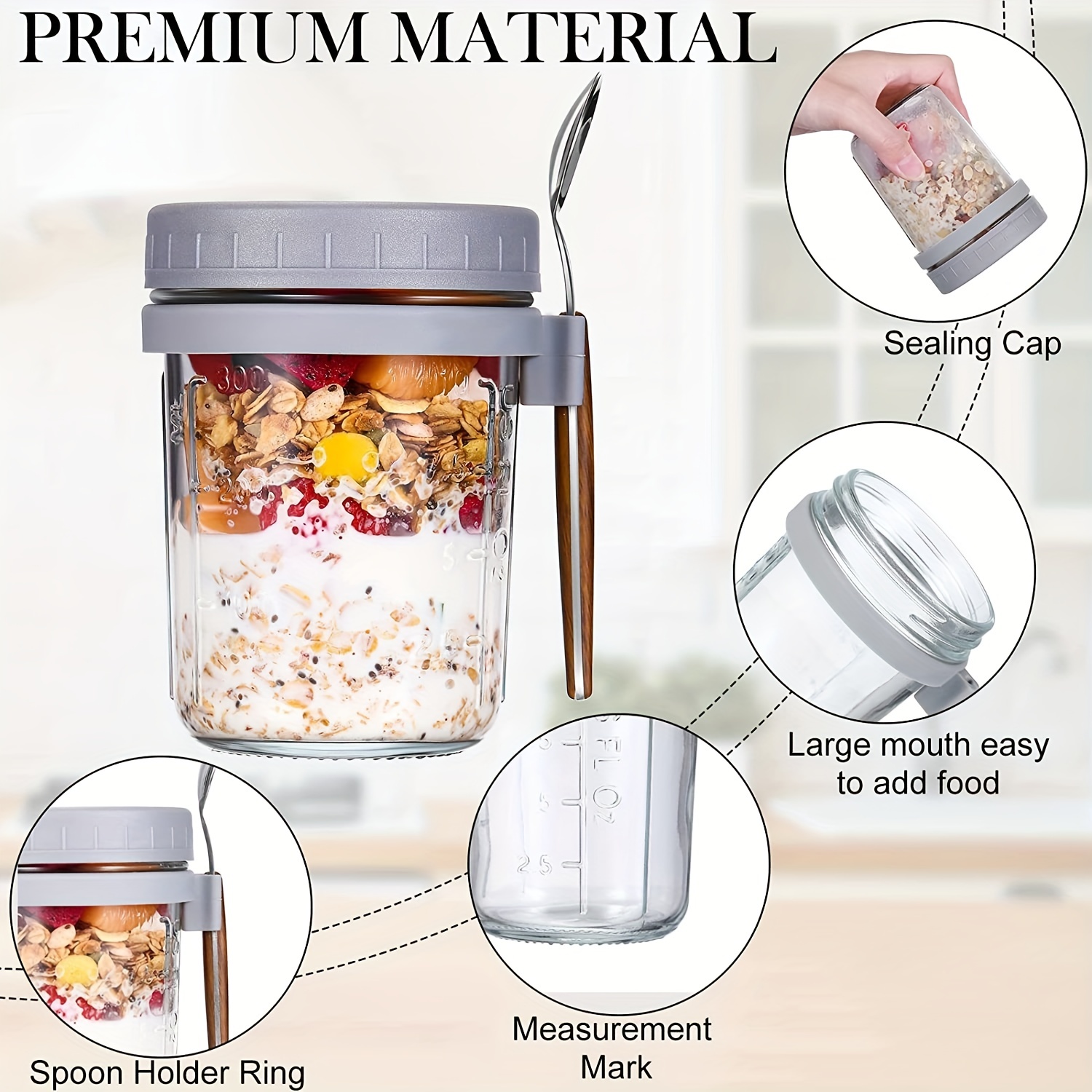 Multipurpose Glass Food Jars For Overnight Oats, Cereal, Milk, Vegetable  And Fruit Salad - Includes Lid And Spoon - Measurement Marks For Easy  Portion Control - Temu United Arab Emirates