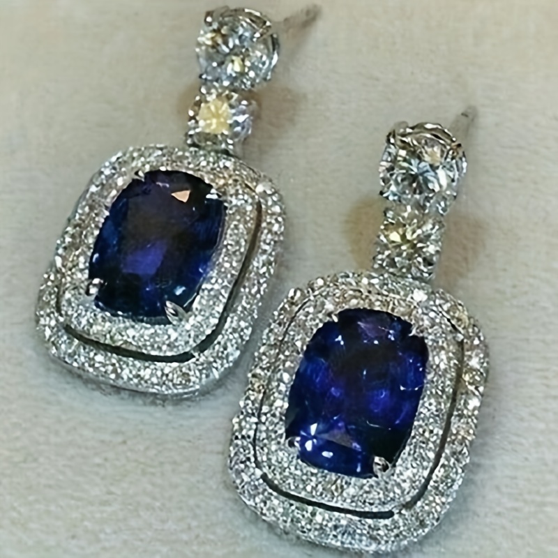 

Cuboid Navy Blue Shiny Synthetic Gems Decor Dangle Earrings Elegant Luxury Style Silver Plated Jewelry Delicate Ear Ornaments