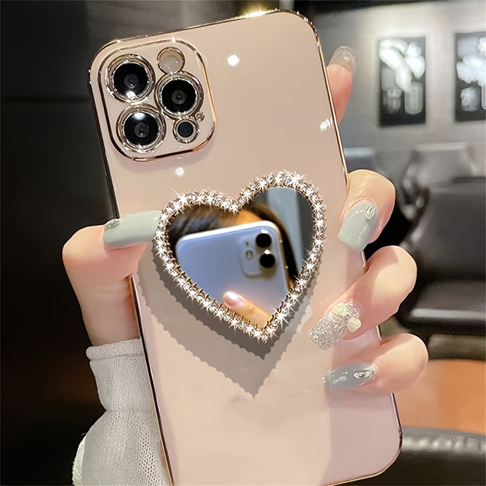 cute glitter bear love makeup mirror electroplated case for iphone 15 14 13 12 11 pro max soft silicone cover details 5