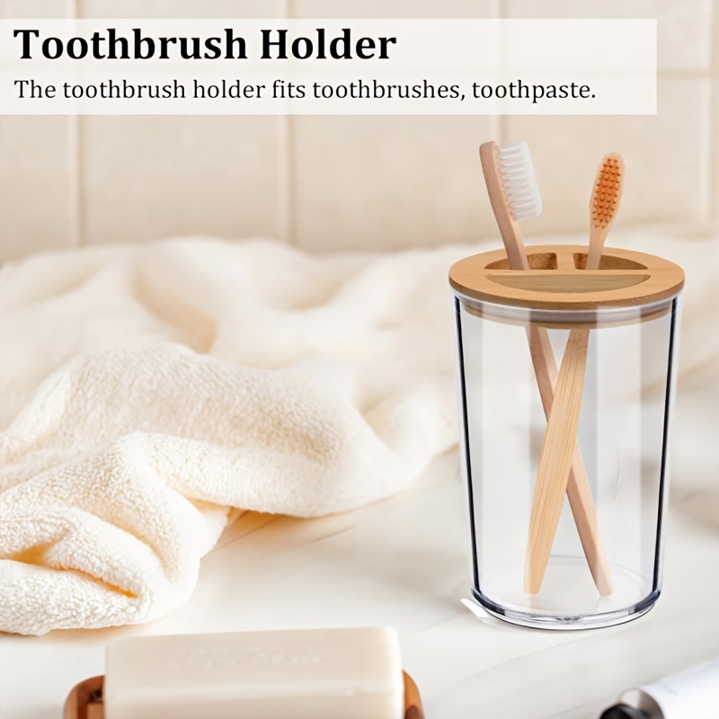 4pcs Bamboo Bathroom Accessories Soap Dispenser, Cotton Swab Holder Jars,  Toothbrush Holder, Boho Bathroom Decor Storage Box, Aesthetic Room Decor, Ho