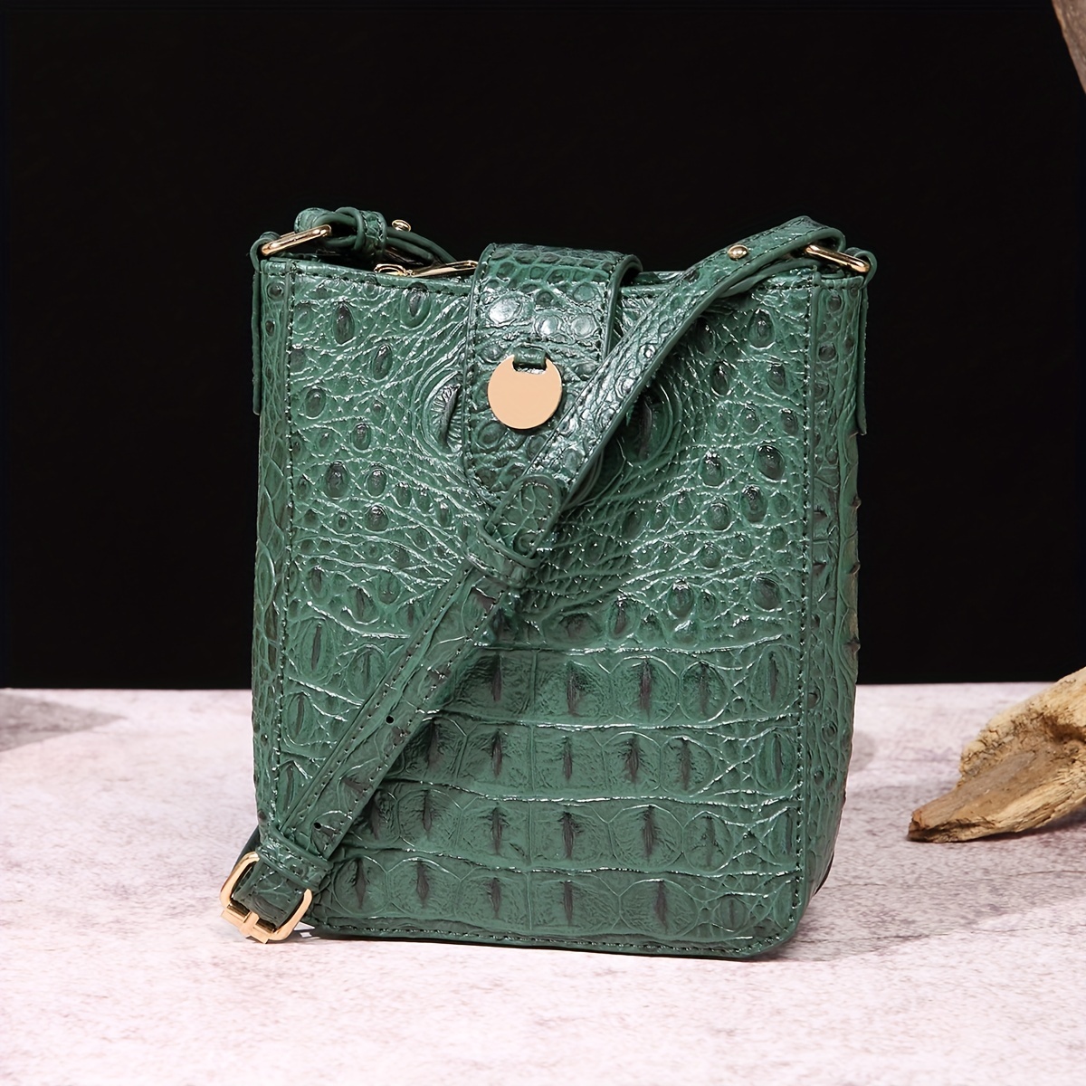 Women's Leather Crossbody Bag, Green Metallic Color Bag