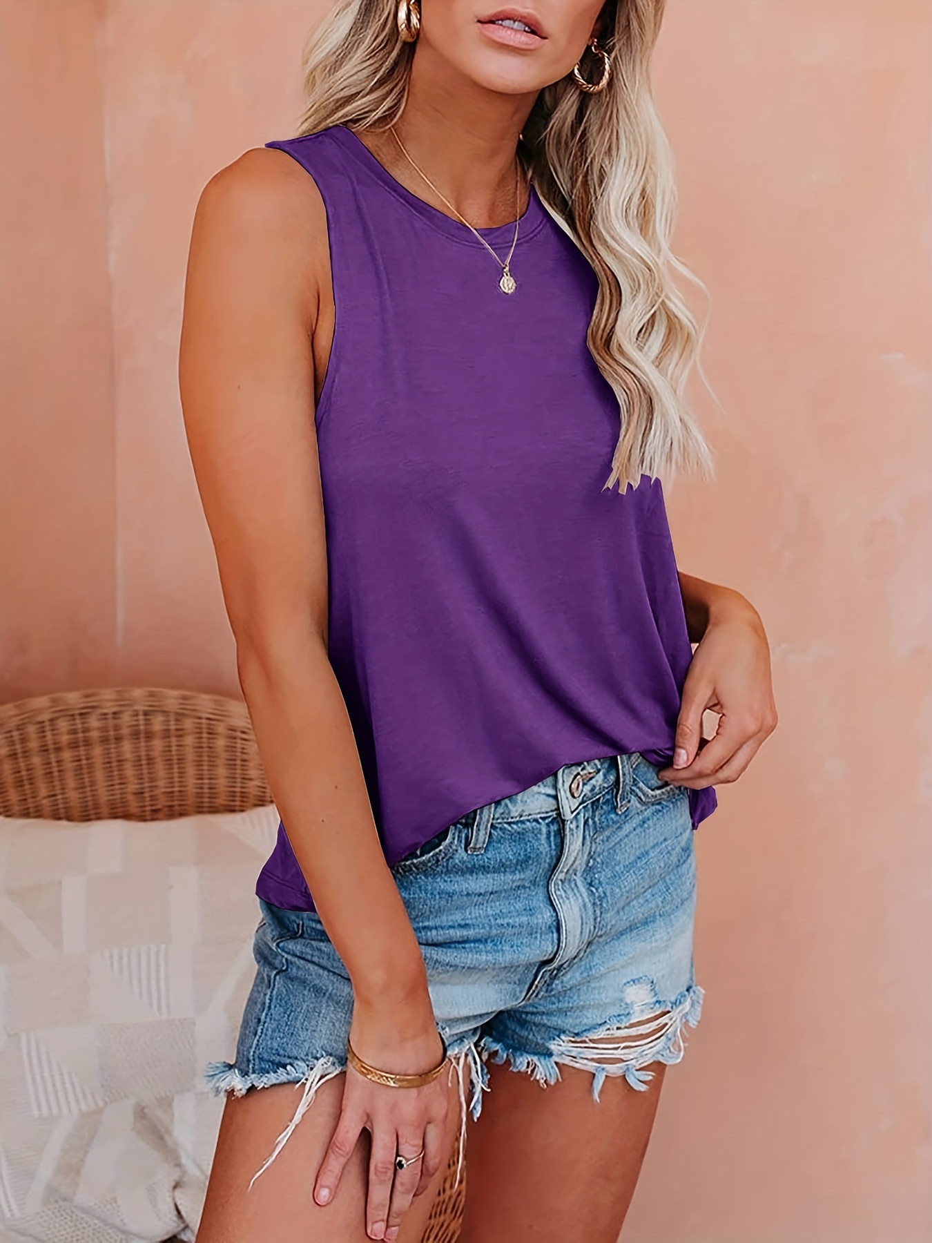 YDKZYMD Womens Tank Tops Color Block Crew Neck Summer T Shirt Fashion  Casual Loose Fit Shirts Flowy Camis Sleeveless Blouses Purple 3XL 