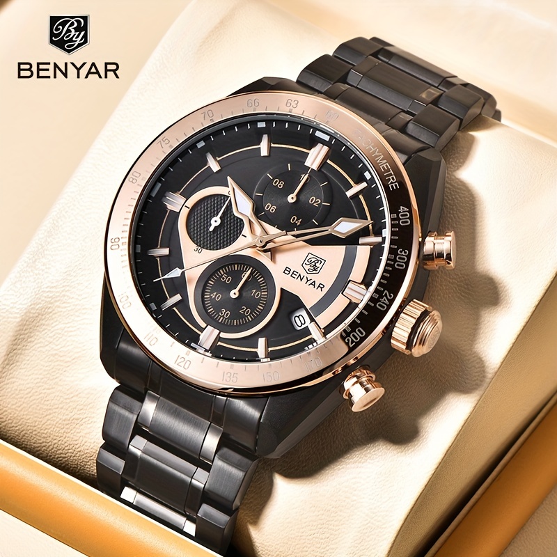 BENYAR Relojes Hombre Relojes de Pulsera Cronografo Diseñador Impermeable  Reloj Hombre Banda de Cuero Analogicos Fecha de Pulsera Regalo Elegante