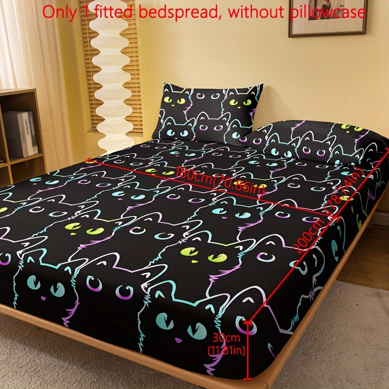 1pc Kitten Gathering Pattern Flocked Bed Skirt, Printed Bed Cover For Bedroom, Bedding