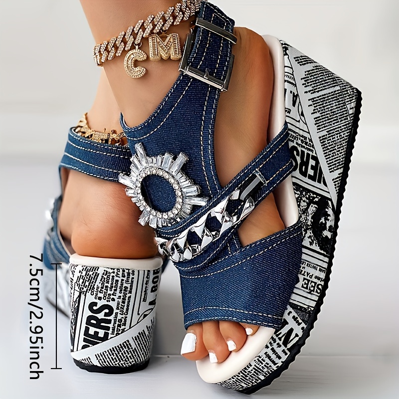 womens chain rhinestone decor sandals slingback peep toe ankle strap buckle wedge shoes summer platform sandals details 0