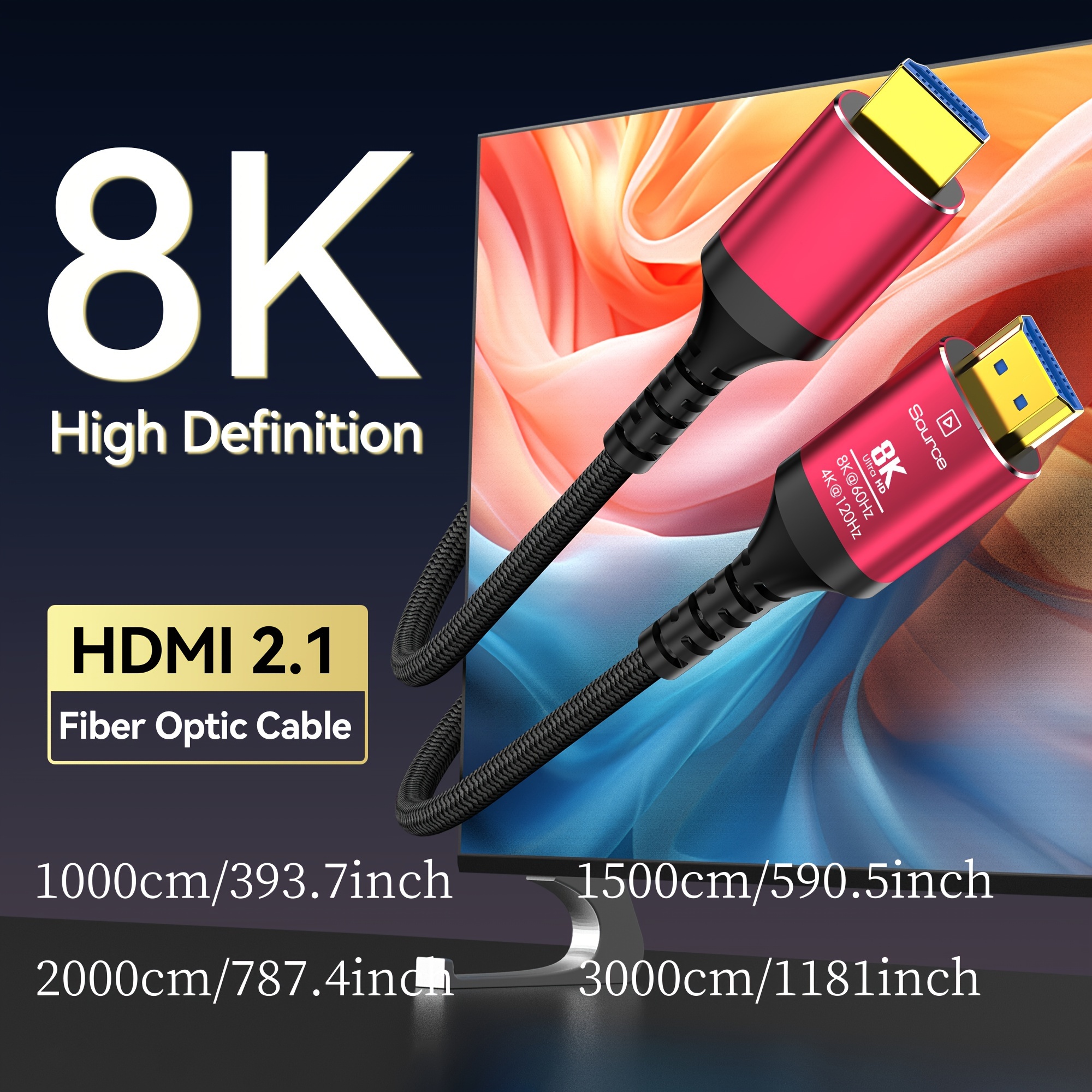 8K Fiber Optic HDMI2.1 Cables, 50FT/15M 48Gbps 8K & 4K Ultra High Speed  Cords(8K@60Hz 7680x4320, 4K@120Hz) eARC HDR10 HDCP 2.2 & 2.3 3D, Compatible