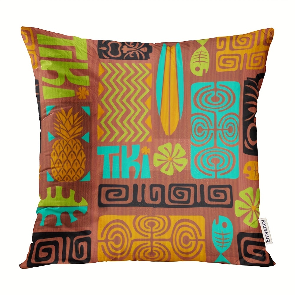 

1pc 18x18 Inch Tropical Pattern Throw Pillow Cover, Colorful Abstract Ethnic Fish & Floral Square Cushion Case, Rustic Style Single-sided Print, Exotic Hawaiian Decor For Home