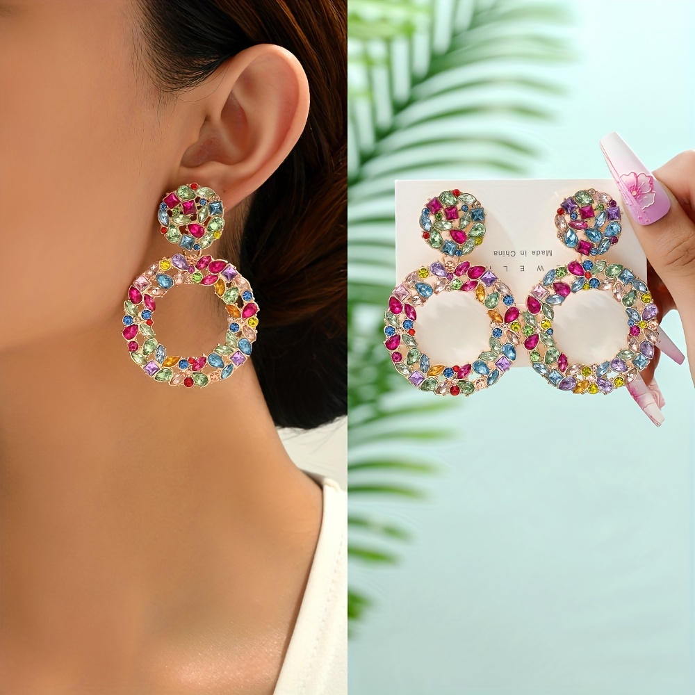 Exaggerated Rhinestone Round Dangle Earrings