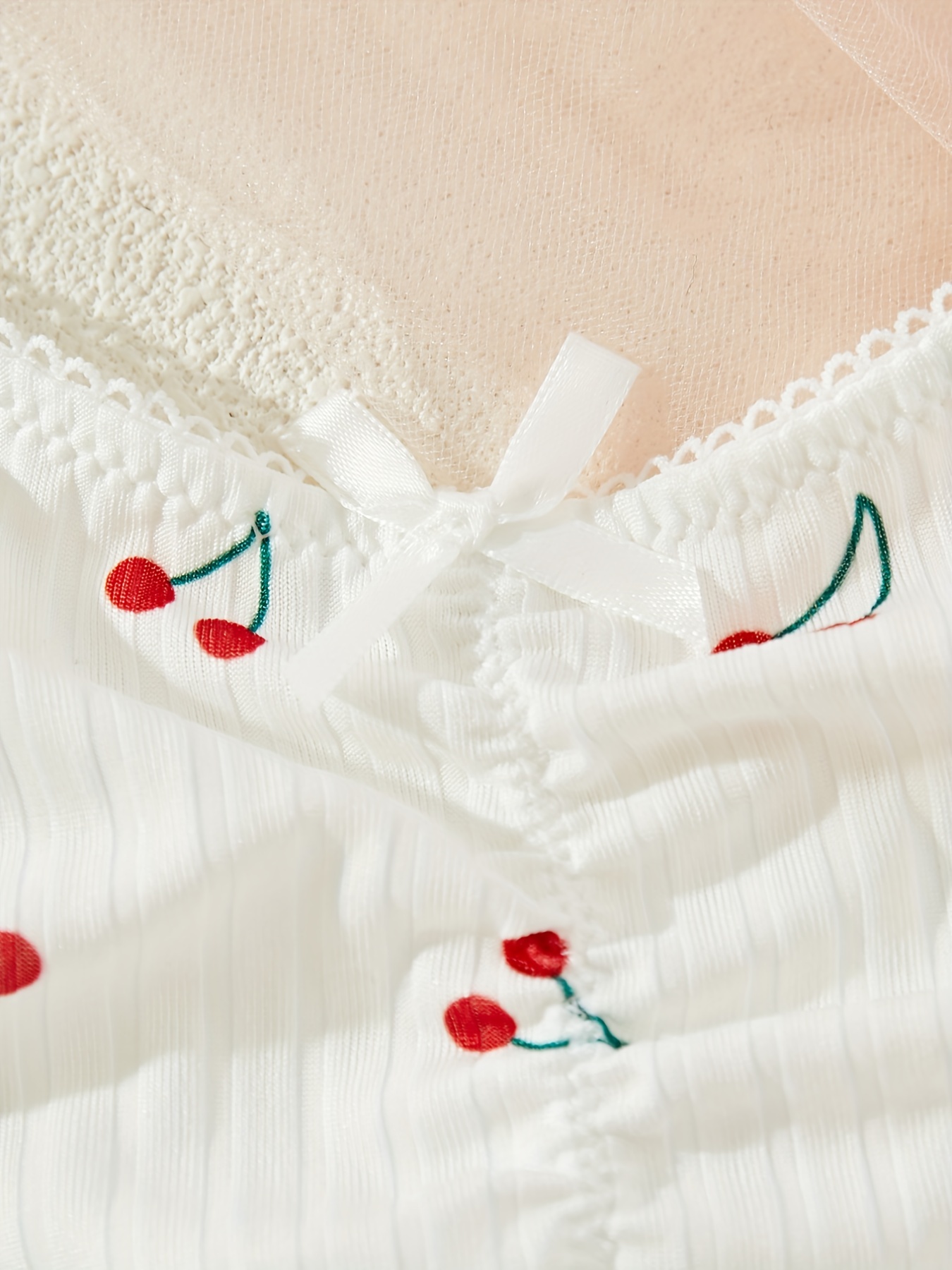 Cute Cherry Print Rib Knit Bra & Panty, Spaghetti Strap Soft Comfy Bra &  Panties Lingerie Set, Women's Lingerie & Underwear