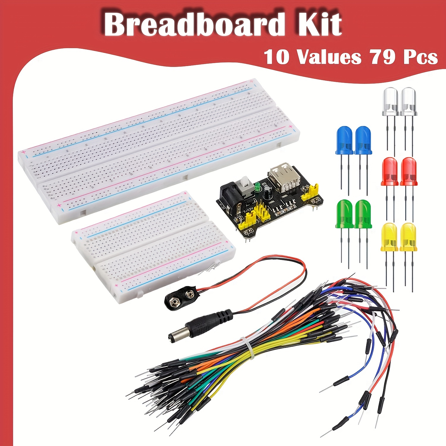 79pcs Breadboard Kit With Power Supply Module,LED Light Diodes, Jumper  Wires,Battery Clip,830 & 400 Tie-Points Breadboard