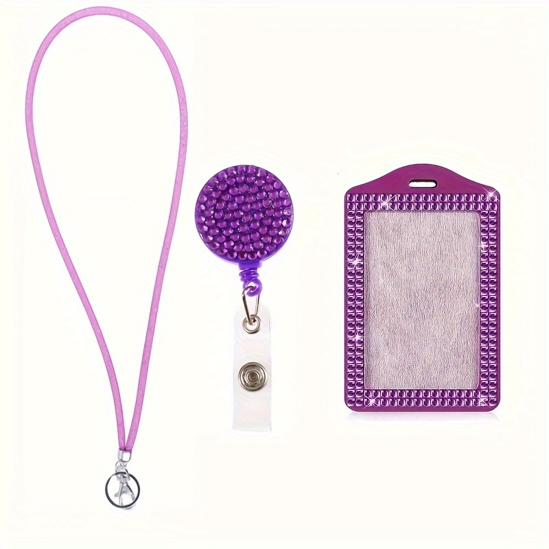Fashion Sparkle Purple Crystal Neck Lanyard,bling ID Name Badge Holder,Retractable Rhinestone Work Badge Reel Clip for Women(1pc),Flower,Heart,Rose